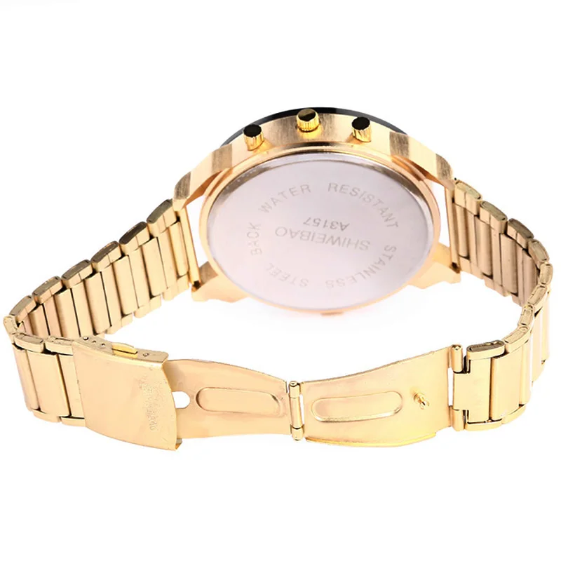 dz style military watches for men dual tiome zones golden steel band cool big case mens watches quartz wrist watch man (1)