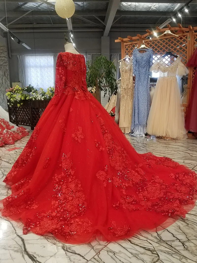 AXJFU/Новинка; роскошное свадебное платье принцессы с красным цветком, кружевом и бисером; розовое свадебное платье с длинными рукавами, расшитое бисером; настоящая фотография 91544