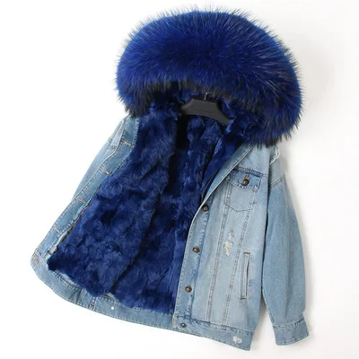 Джинсовая парка, зимняя куртка для женщин, пальто из натурального меха енота, воротник из настоящего толстого теплого лисьего меха, верхняя одежда, Новинка - Цвет: Rabbit fur liner