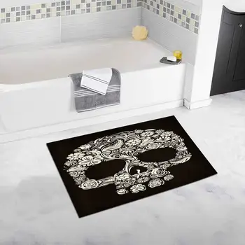 

Sugar Skull Daythe Dead Floral Flower Black Mexican Style Plush Bathroom Decor Rug Mat with Non Slip Rubber Backing
