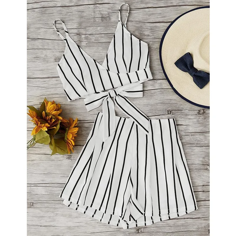 

2018 Summer Women Suits Two Piece Set Open Back Crop Cami Top With Shorts Set V Neck Beach Stripe Surplice Bow Tie