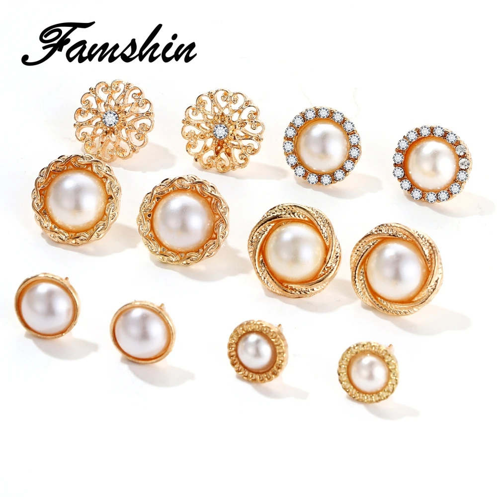 

FAMSHIN 6 Pairs/Set Gold Color Flower Hollow Stud Earring Vintage Crystal Simulated Pearl Earrings Set For Women Wedding Jewelry