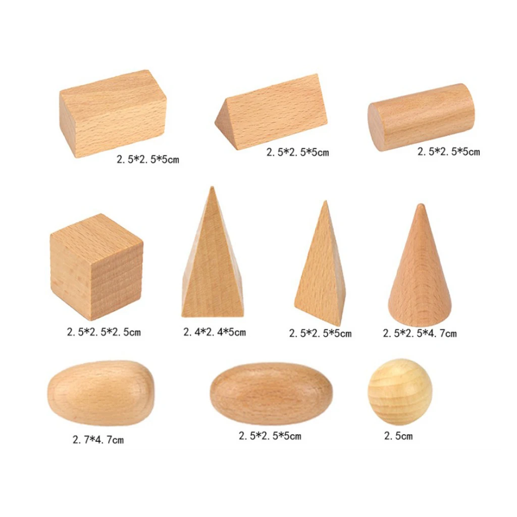 Montessori Educational Toys - Set of 10 Wooden Geometric Solids, 3D Shapes