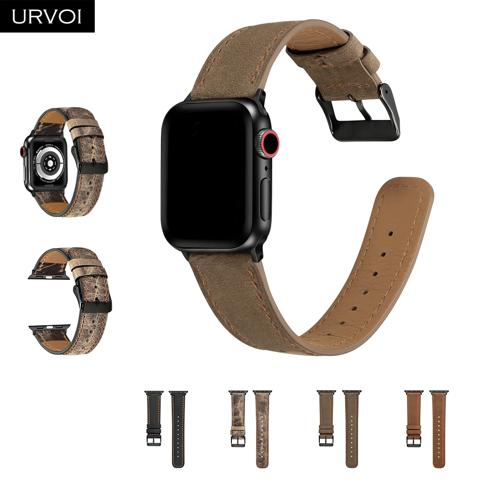 Ремешок URVOI для apple watch series 6 SE 5 4 3 2 удобный браслет из телячьей кожи с черной