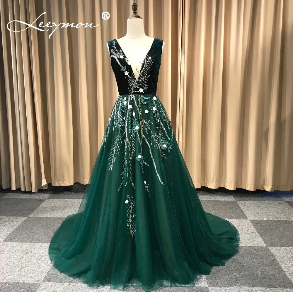 

Green VELOUR Evening Dress Evening Dress V Neck Long Crystal Beaded Flowers A-Line Dress robe de soiree longue