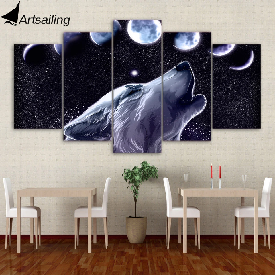 5枚のキャンバスアートウルフアートハウリング満月の夜キャンバス絵画家の装飾の写真のポスターで送料無料xa1719b Decorative Pictures Picture For Living Roomhome Decor Pictures Aliexpress