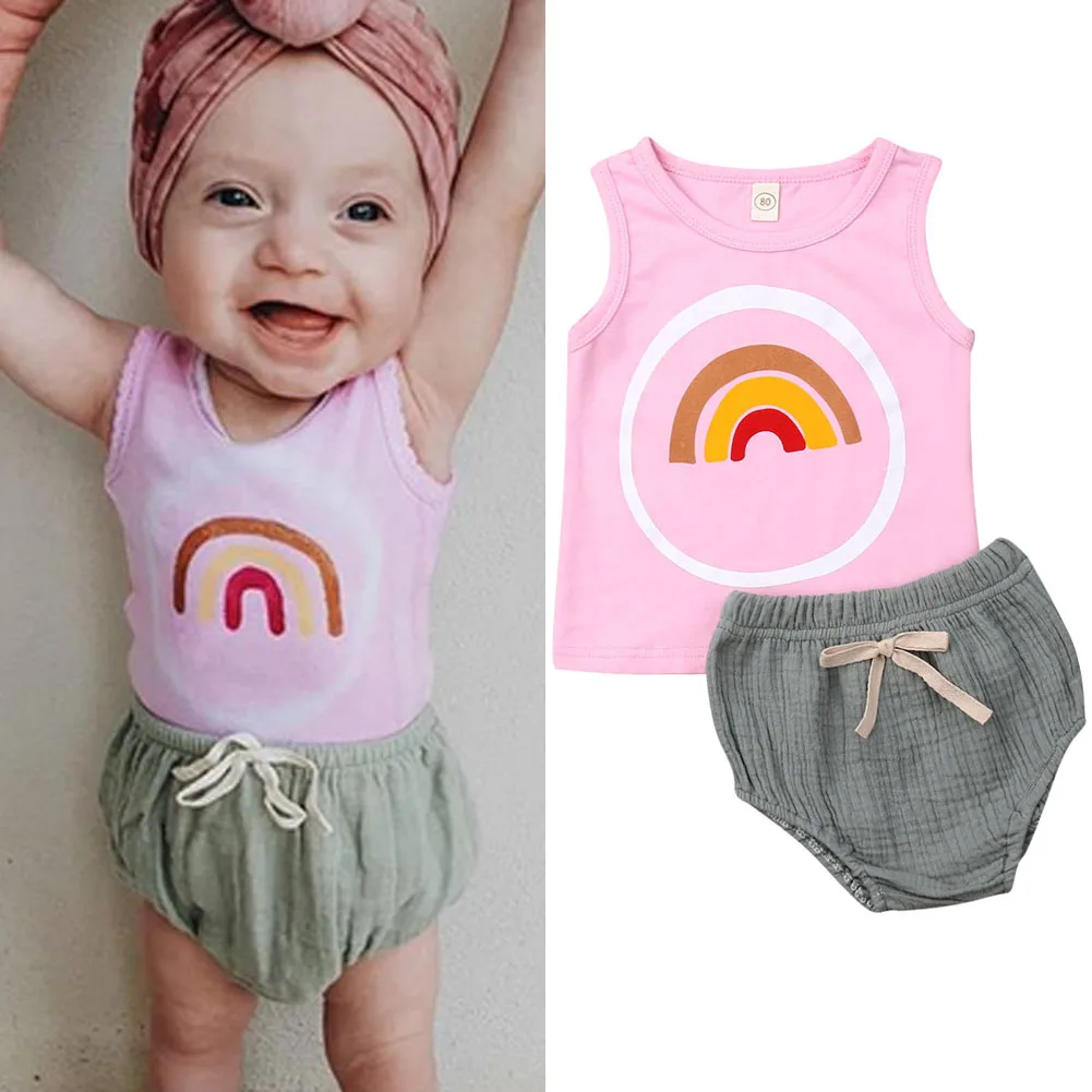 

2019 Summer Cute Newborn Infant Baby Girl Pink Vest T-shirt Top Solid Shorts Pants Outfit Set 6M-3T