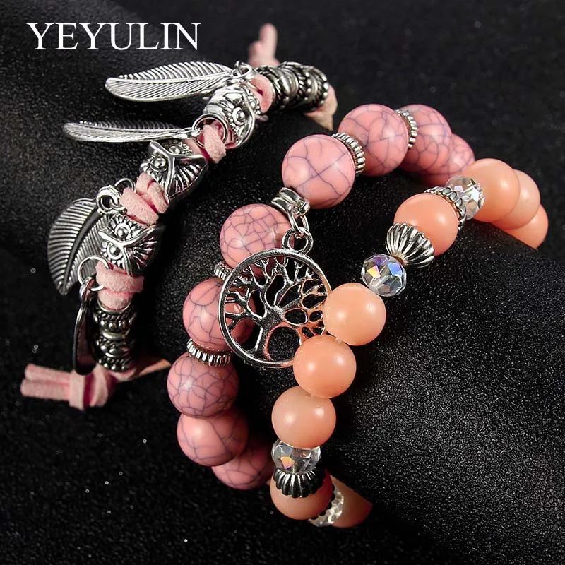 

3pcs /set Alloy Tree Of Life Leaves Charms Stone Bead Bracelet Woman Girls Natural Stone Elastic Bracelet Jewelry Gift