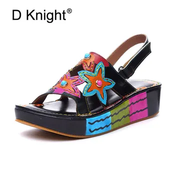 

Genuine Leather Flowers Pattern Wedge Sandals For Women Retro Hook Loop Women Platform Sandals Elegant Ankle Strap Ladies Shoes