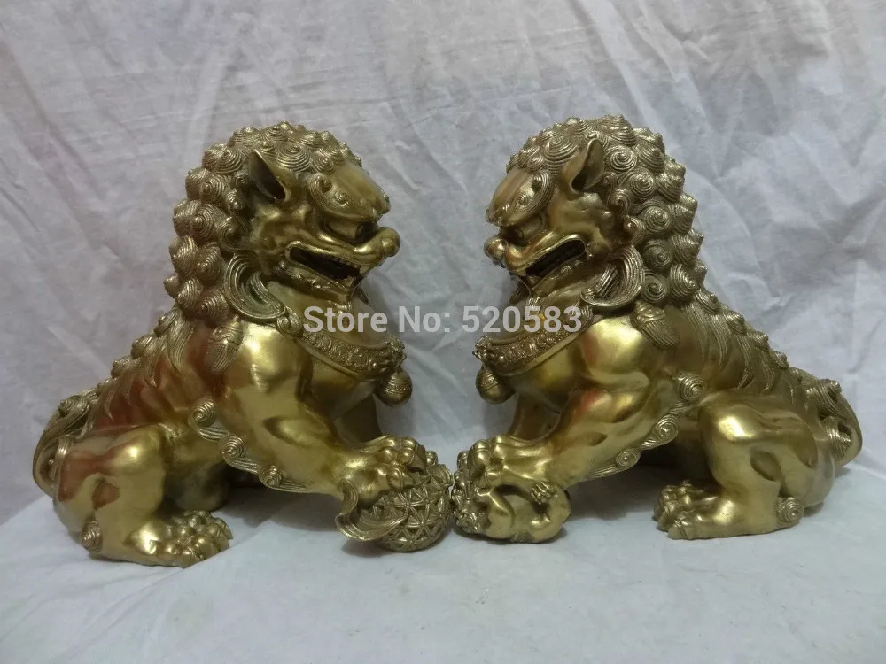 

11" Chinese Brass FengShui Foo Fu Dog Wealth China Lion Ball Head Statue Pair