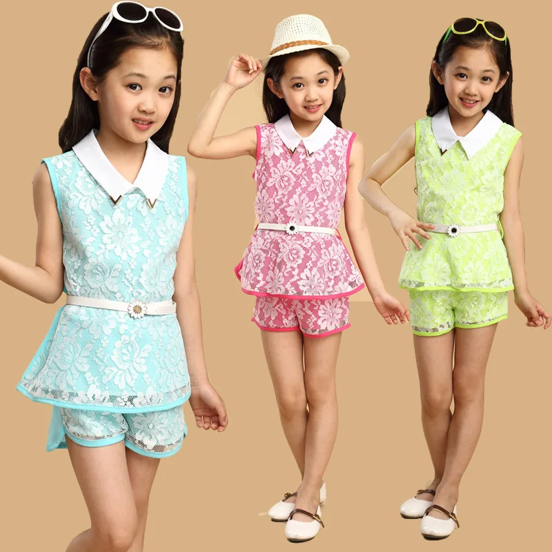4-13Y Fashion Girls Clothes Set 2018 Summer Lace Flower Kids Outfit Girl Sleeveless Top Shorts Belt 3Pcs Suits Children Clothing (1)