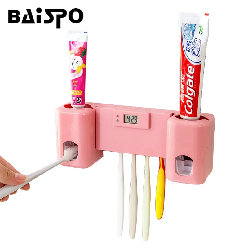 

BAISPO Bathroom accessories Products Clock Automatic Toothpaste Dispenser +Toothbrush Holder Set Wall Mount Rack Bath Oral