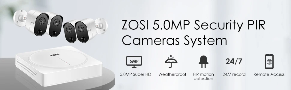 ZOSI 5.0MP H.265 Home Surveillance System 8 Channel CCTV DVR with HDD and(4) x 5MP PIR Outdoor/Indoor Security Cameras Kit