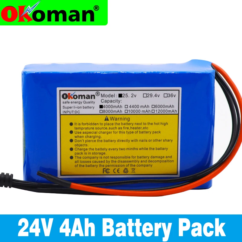Okoman Высокая емкость 24 В 4Ah 18650 литий-ионный аккумулятор 25,2 в 4000 мАч Электрический велосипед мопед/Электрический/комплект литий-ионный батарей