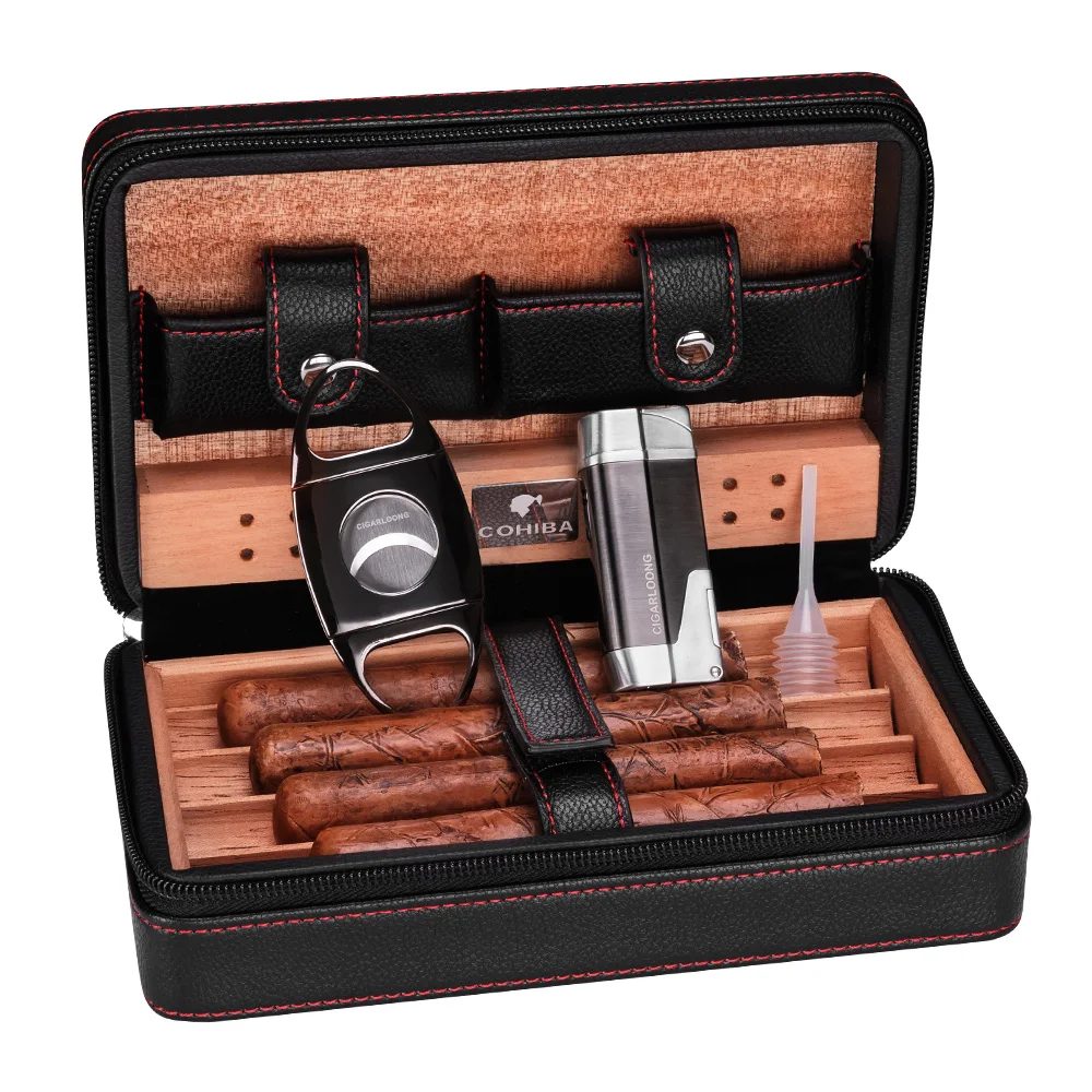 Travel Leather Cedar Wooden Cigar Humidor Case Humidifier Hygrometer Cigar Box 