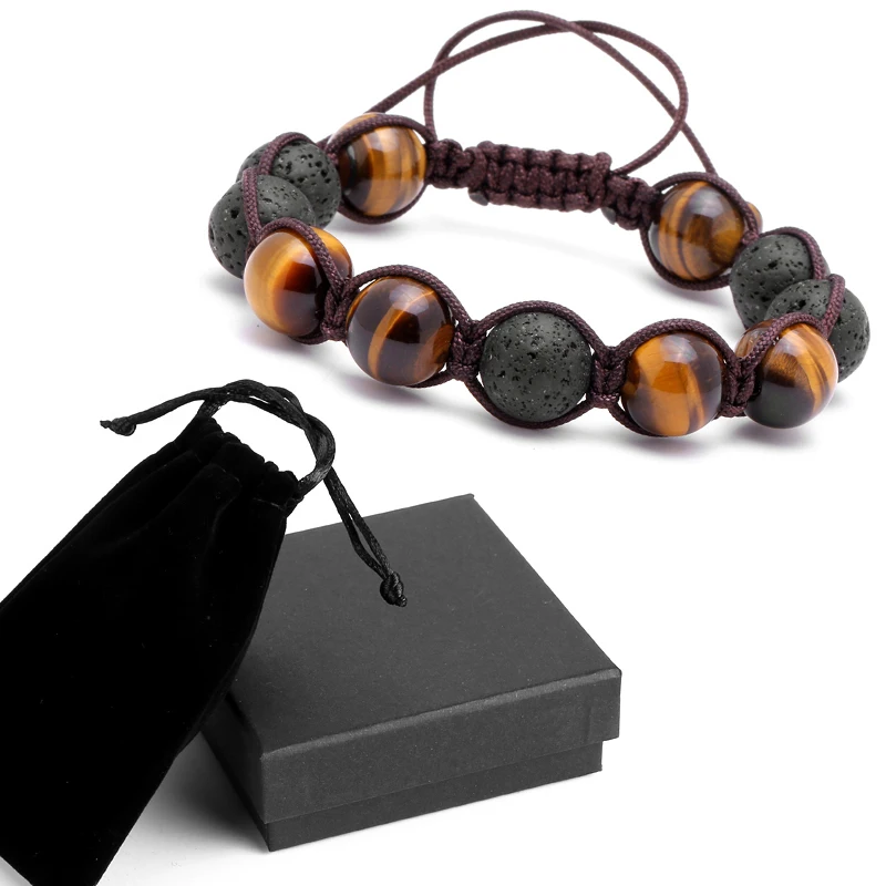 Mcllroy Brand Men Bracelets,12mm Lava Rock Stone Bead & Tiger Eye Stone Charms Braiding Weave Adjustable Bracelet For Women Men