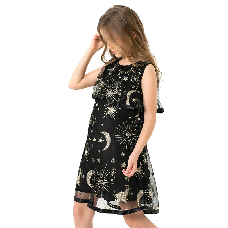

2019 Summer Girls Dress Voile Teenage Sleeveless Black Dress Sequined Star Moon Pattern Children Princess Dresses for 10 12 14Y