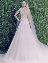 Красивый стиль 2018 Scalloped cap с коротким рукавом A-Line длинное свадебное платье длиной до пола суд поезд Мать невесты платья