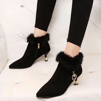 

Vogue Women Boots Nice Flock Ankle Boots For Women Pointed Toe Winter Shoes Casual Fleeces High Heel Boots Botas Mujer