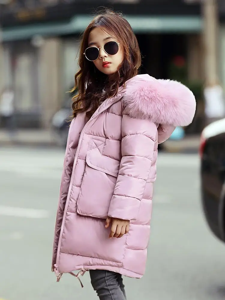 Длинный пуховик с меховым капюшоном для девочек-подростков, теплые плотные детские пальто зимняя верхняя одежда для девочек Одежда для девочек зимние комбинезоны, 12 14 - Цвет: Розовый