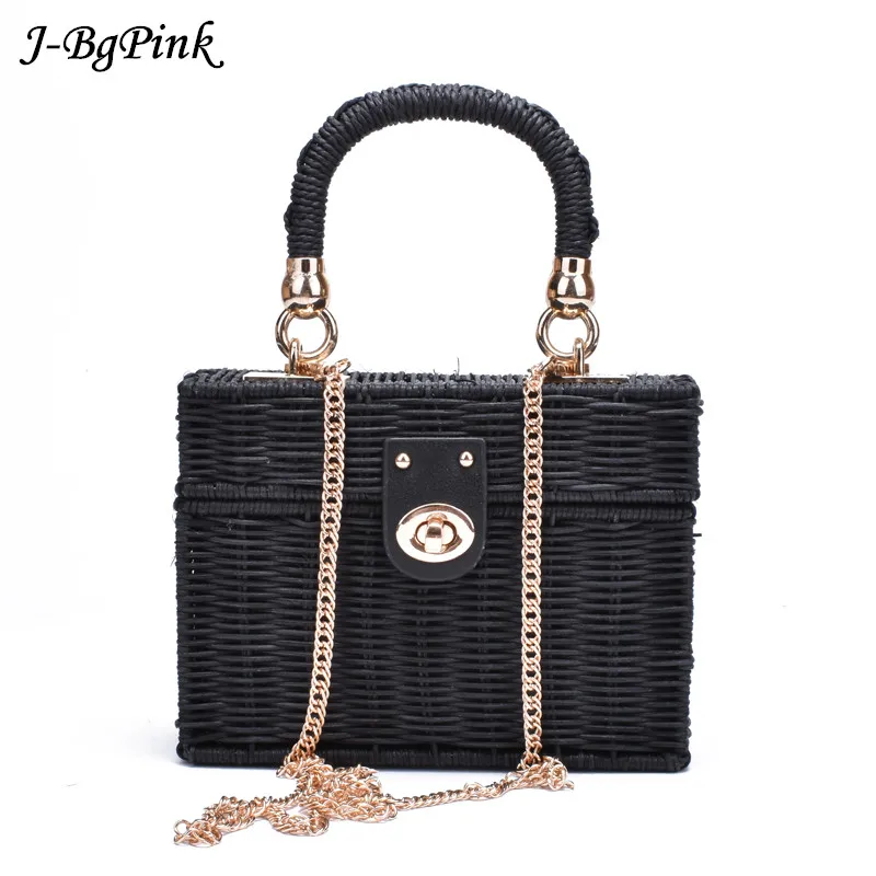

Female bag New Black rattan straw shoulder bag for women beach hand-woven messenger bag summer square straw box for lady