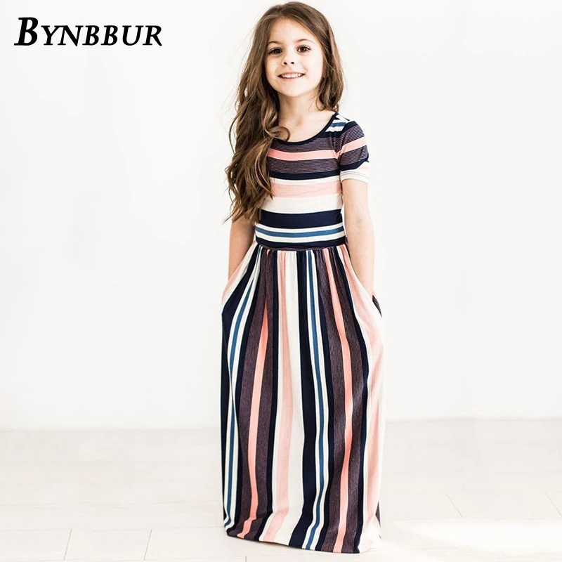 

Bynbbur Striped Long Dress Girls With Pockets Party Dress O Neck Soft Cute Baby Kid Girl Maxi Dress 2019 Summer New
