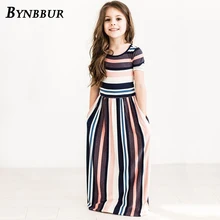 Bynbbur Striped Long Dress Girls With Pockets Party Dress O Neck Soft Cute Baby Kid Girl Maxi Dress 2019 Summer New