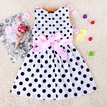 

Girls 3-8 Y Summer O-neck Sleeveless Palka Dot Dresses Fashion Waist Ribbon Bow Soft Cotton Little Princess Pleated Dresses