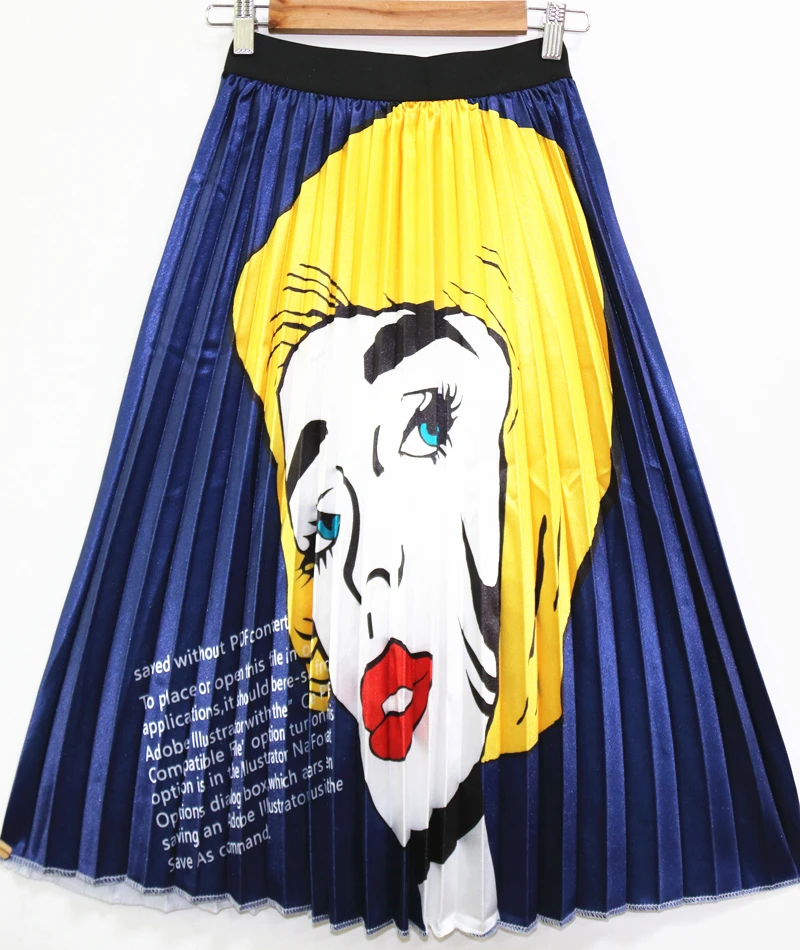 

Spring Summer Europen Printing New-Coming Cartoon Pattern High Elasticity Pleated High Street A-line Women Skirts
