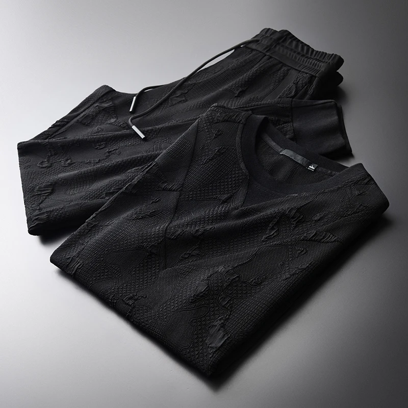Minglu летние мужские комплекты(T-SHIRTS+ брюки) размера плюс 4XL пряжа окрашенная проветриваемая с коротким рукавом мужские комплекты летние мужские комплекты с брюками