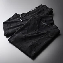 Minglu летние мужские комплекты(T-SHIRTS+ брюки) размера плюс 4XL пряжа окрашенная проветриваемая с коротким рукавом мужские комплекты летние мужские комплекты с брюками