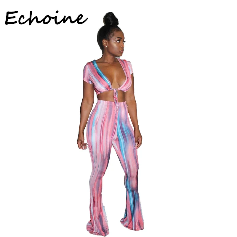 

Echoine Sexy Open Front Women 2 Piece Set Bandage Short Sleeve Crop Top +Long Wide Pants Womens Tracksuit Set Clubwear