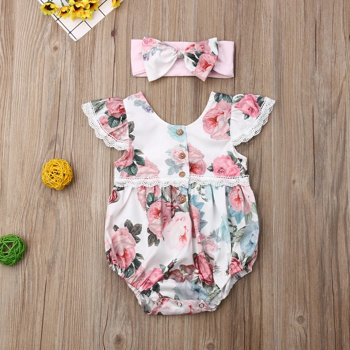Милая одежда с цветочным принтом для новорожденных девочек; комбинезон с оборками и рукавами; комплект