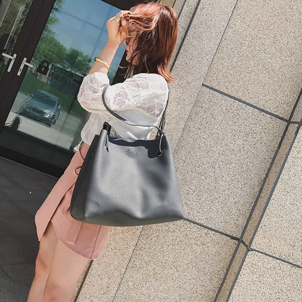 

Two Pieces PU Leather Handbag Single Shoulder Bag+Clutch Bag Brown Solid Pure Large Capacity Litchi Stria Fashion Packs Toets
