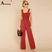 New Solid Ruffle Shoulder Frill Smocked Striped Jumpsuit Women Boho Beach Spaghetti Strap Sleeveless Wide Leg Summer Jumpsuit bardot frill trim wide leg jumpsuit