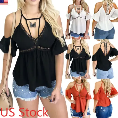 

sexy Women Chiffon Off Shoulder Strappy Solid Color Casual Tops Blouse Pullover Tank Summer