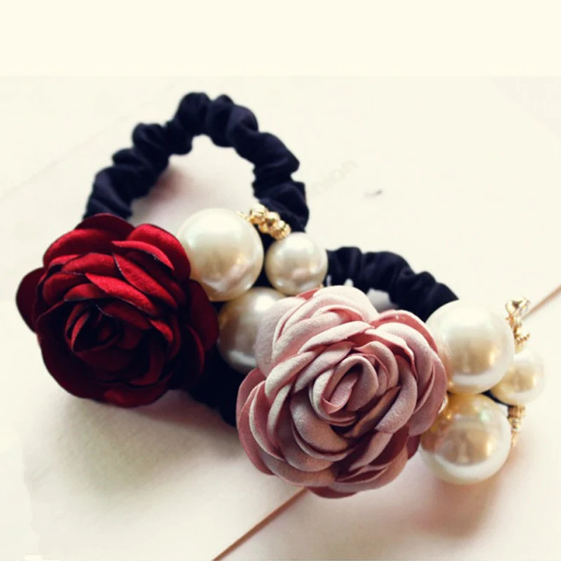 Sale 1 Pc Women Trendy&Popular Korean Style Big Flower Pearl Hair Rope Charms Headwear Hair Accessories 10