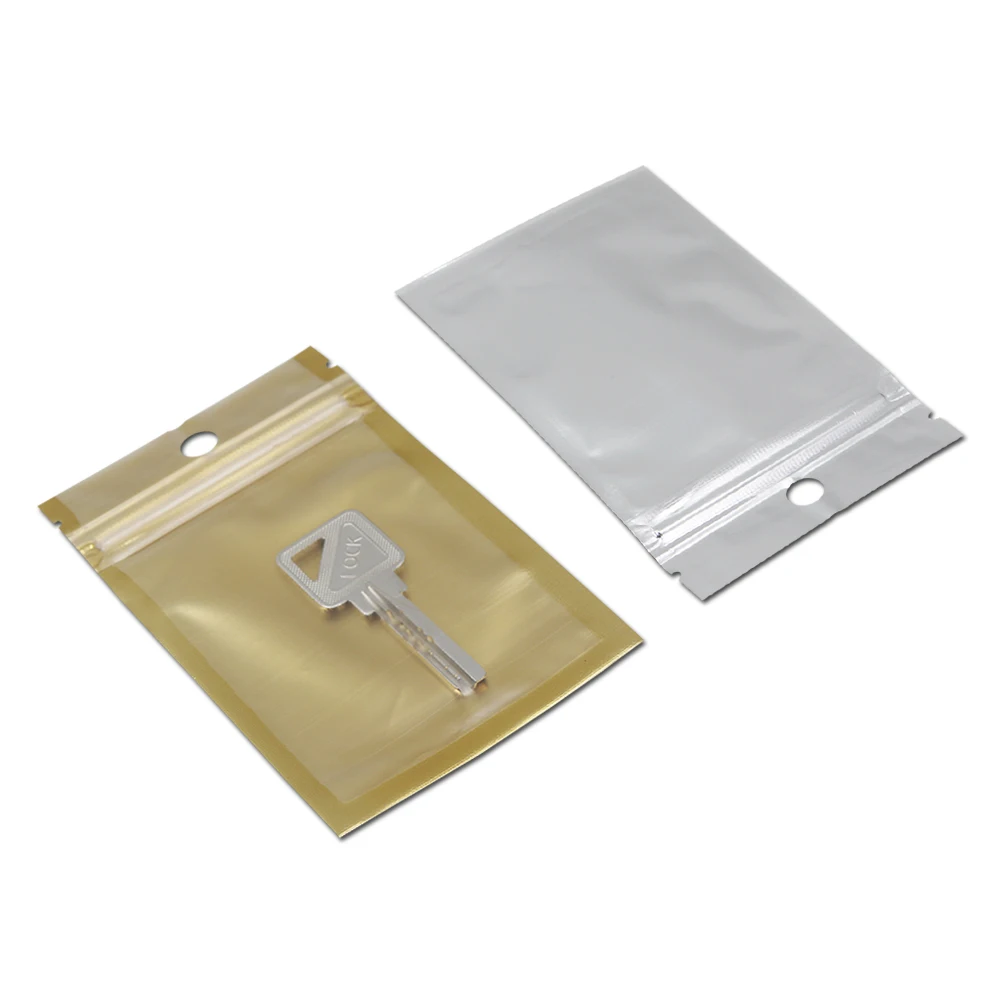 8*13cm Gold / Clear Zipper Plastic Packing Bag Self Seal Zip Lock Ziplock Packaging Bag Hang ...