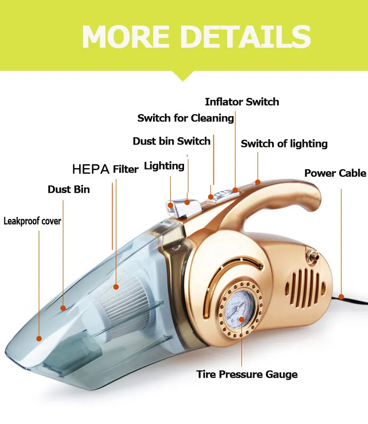 GRIKEY 4 в 1 пылесос шин насоса автомобиля мощный портативный пылесос 12 V Давление Произведите замер светодиодный освещение