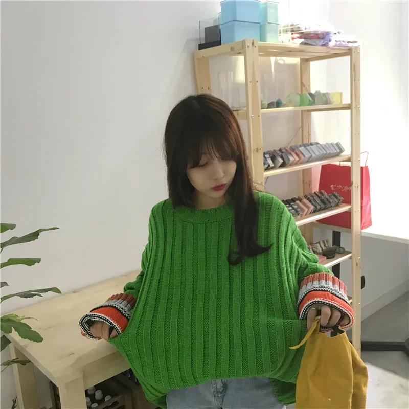 Autumn/Winter New O-neck Women Sweater with Colorful Cuff 2018 Loose Large Size Contrast Color Thick Knitting Female Pullover Autumn/Winter New O-neck Women Sweater with Colorful Cuff 2018 Loose Large Size Contrast Color Thick Knitting Female Pullover