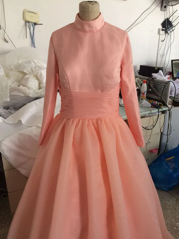 Vestidos Де 15 Anos Бальное платье Высокая Шея Длинные Sleves Тюль Orange Длиной до пола, Quinceanera Платья 2017