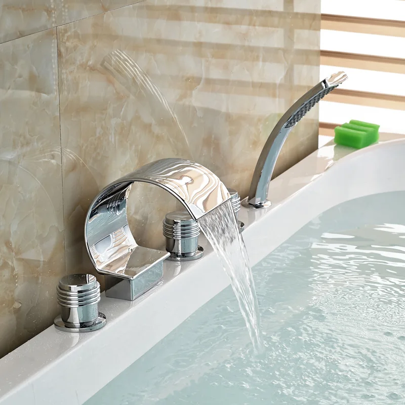 Chrome Brass Finish 5 Pcs Waterfall Bathtub Sink Tap Bathroom Mixer Hand held Shower Faucet Set