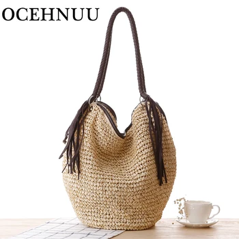 OCEHNUU-Bolso grande de paja para mujer, bolsa de playa, informal, con borlas y cremallera, para verano, 2020