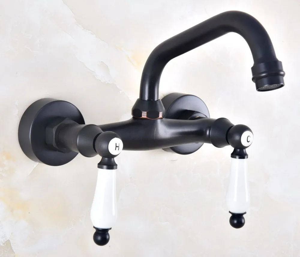 

Black Brass Wall Mounted Basin Faucet 360 Degree Swivel Spout Bathroom Sink Faucet Double Hot & Cold Handle Mixer Tap Knf821