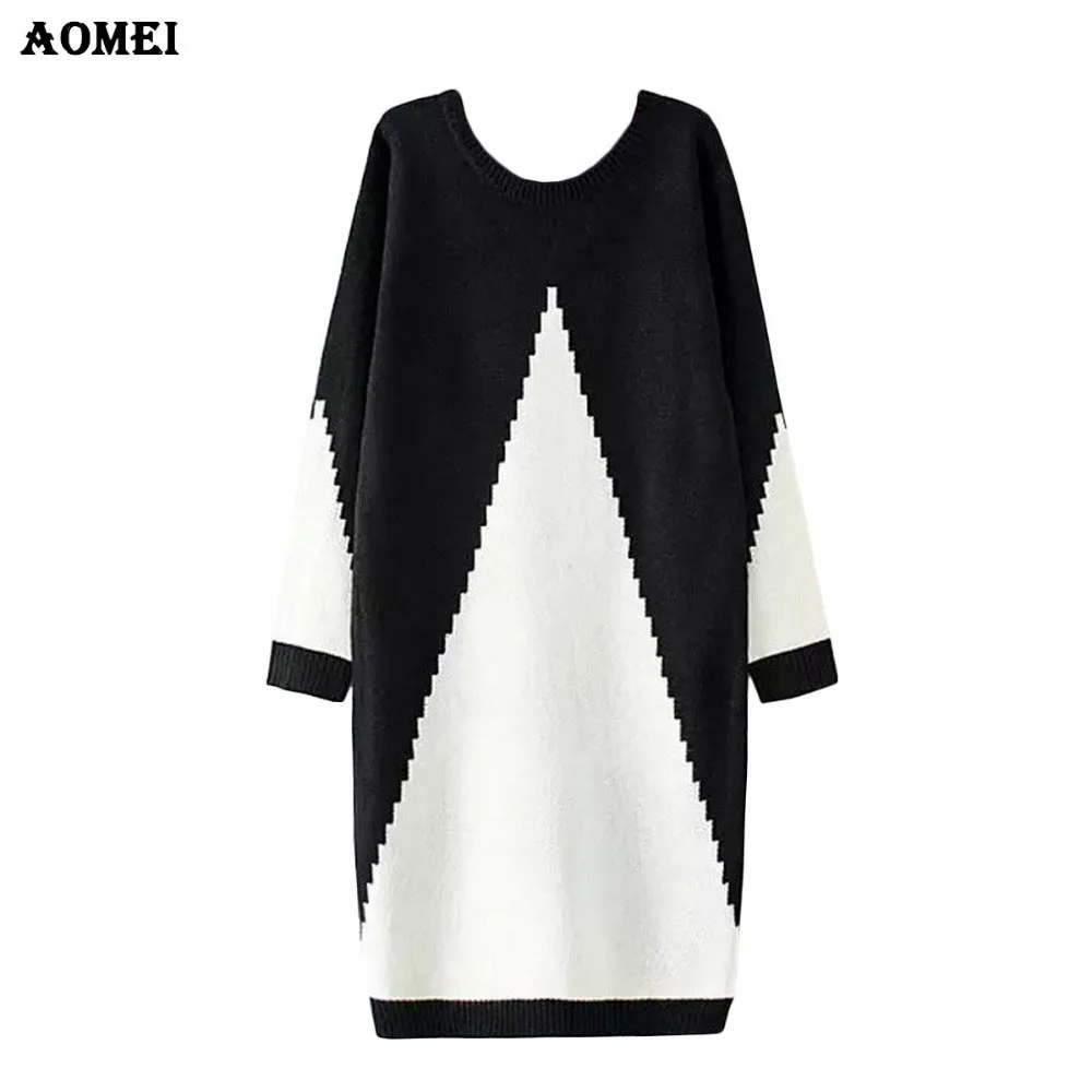

Women Sweater Dress White and Black Midi Winter Knitted Long Sleeve Casual Fashion Femme Robes Gowns Office Ladies Clothing