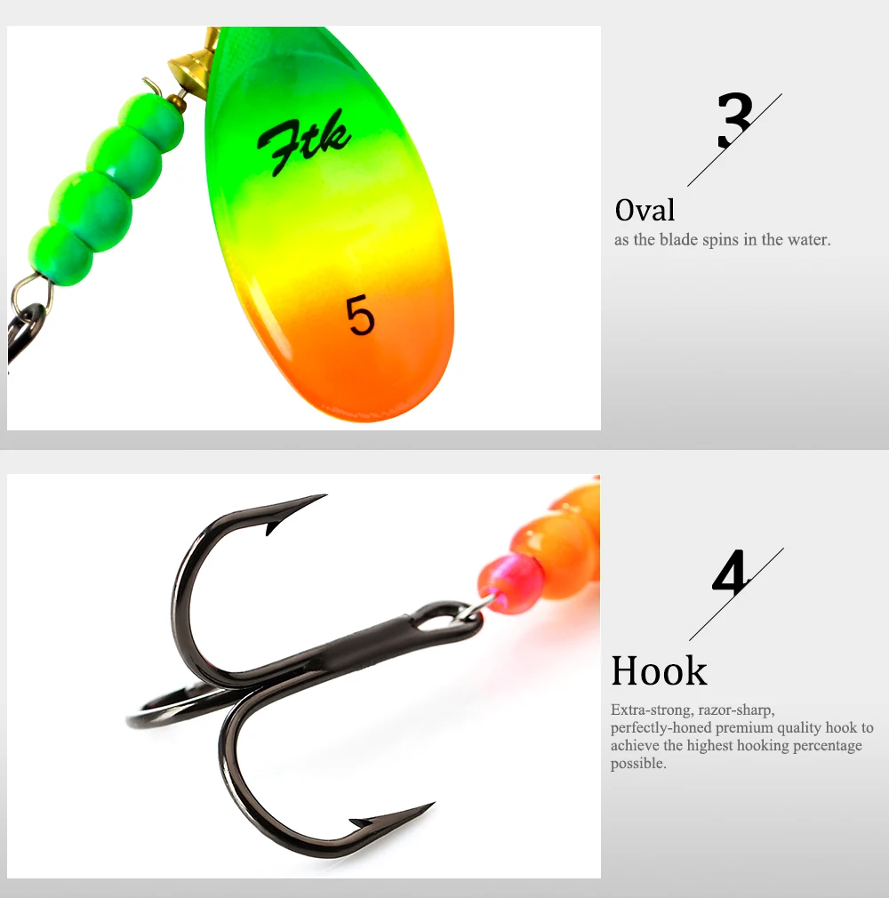 FTK New 1#-5# 5pcs/lot or 4pcs/lot Similar as Copper Spinner Bait Fishing Lure With Treble Hooks Hard Baits Spoon Pike