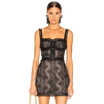 

Newest Fashion Celebrity Party Bodycon Bandage Dress Women Black Spaghetti Strap Sexy NightClub Mini Lace Dress Women Vestidos