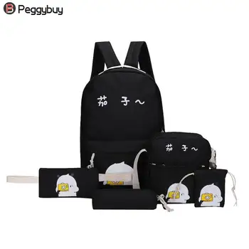 

5pcs/set Teenager Girl Preppy Letter Print Backpack Women Fashion Canvas Shoulder Rucksack Ldaies Zipper Back pack