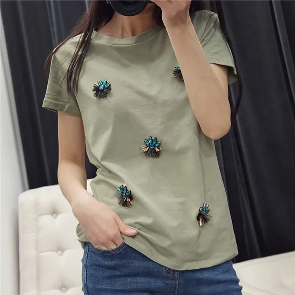 Дизайнерская футболка для женщин, вышивка бисером, 3D бриллианты, Harajuku, летний топ, футболка, женская, белая, Армейская, зеленая - Цвет: Армейский зеленый