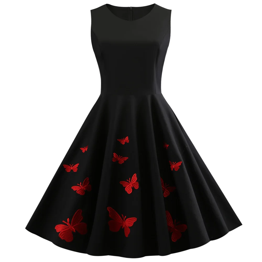 Вечерние платья в винтажном стиле с вышивкой бабочки размера плюс черного цвета, без рукавов, с v-образным вырезом, на молнии, элегантное платье в стиле ретро, 4XL - Цвет: Black